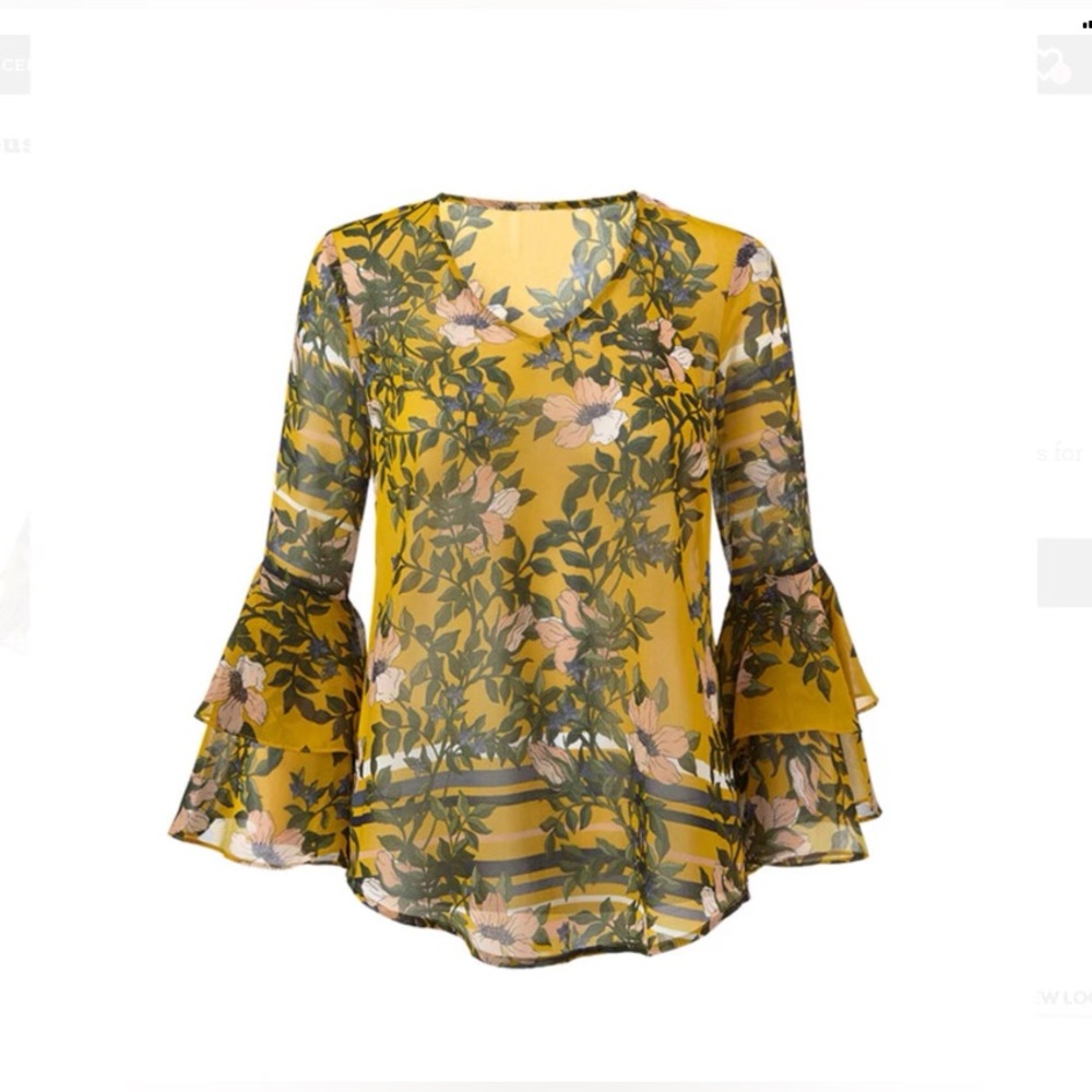 CAbi Yellow Floral Blouse with Bell Sleeves